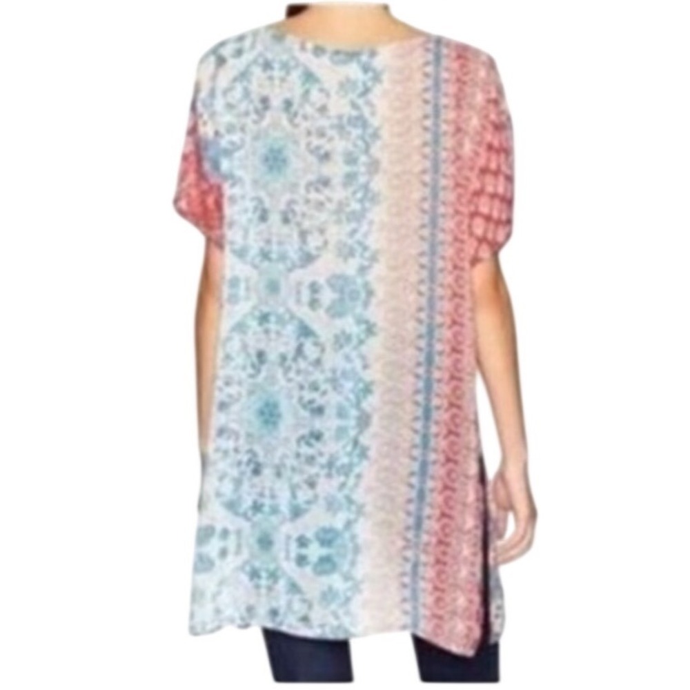 Johnny Was Bayla Tunic XS Blue Red Floral Paisley Cupra Rayon Boho Short Sleeve - Picture 2 of 9